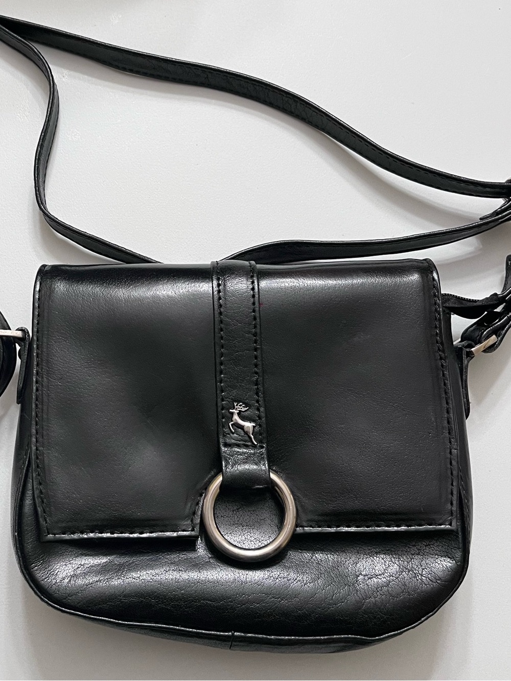 Ashwood Black Leather Small Crossbody Bag with Ring Accent